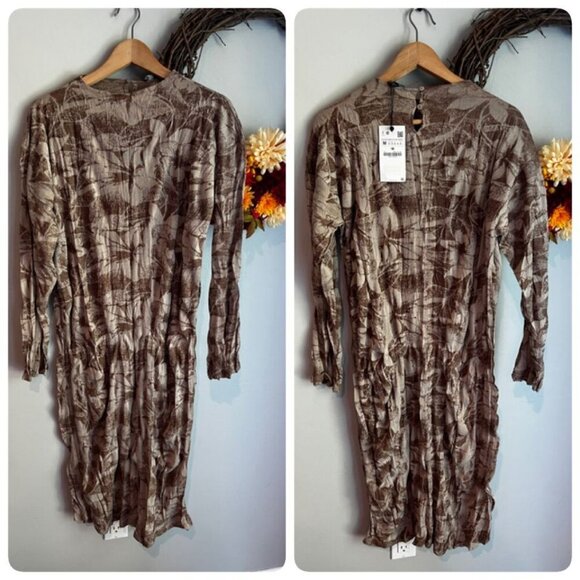 Zara Printed Jacquard Crinkle Wrinkle Midi Dress MEDIUM in Brown - Picture 1 of 11